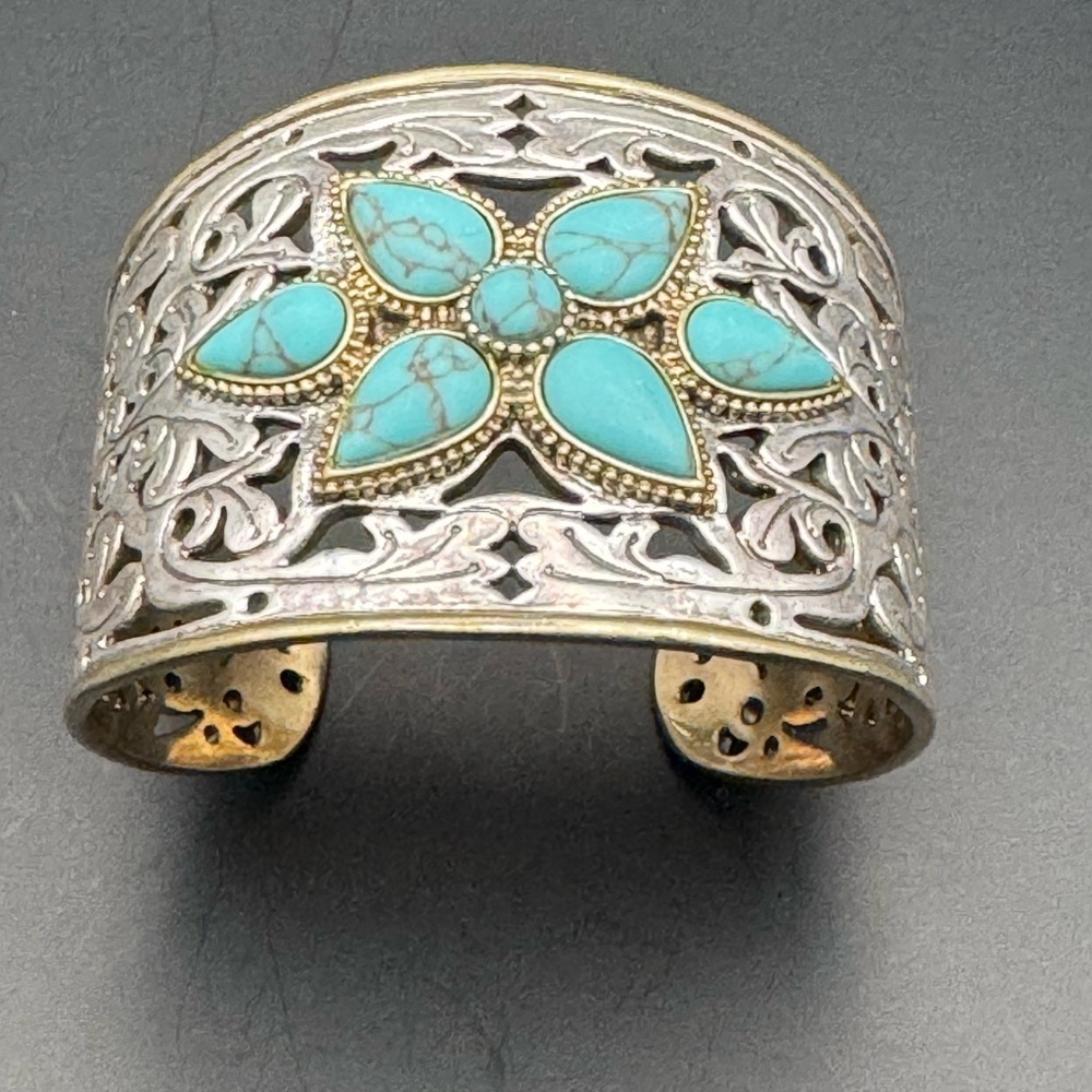 Lucky Brand two-tone turquoise blossom filigree cutout statement cuff bracelet. - Picture 4 of 4